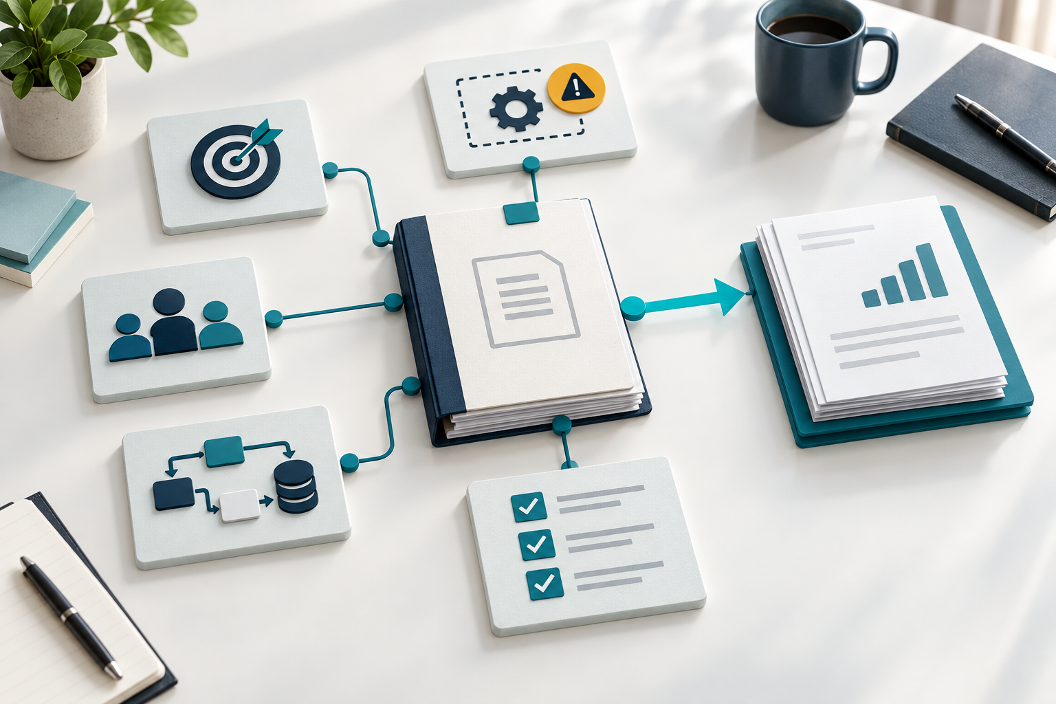 A project brief connects goals, users, workflow and data, constraints, and acceptance checks to a structured quote