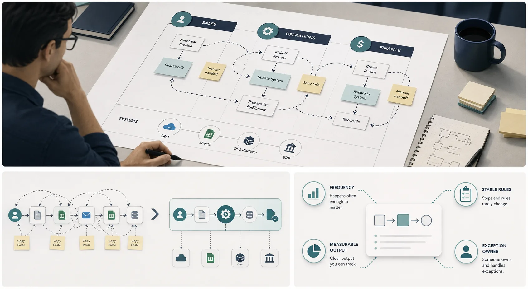 A workflow handoff map showing information moving between people and systems