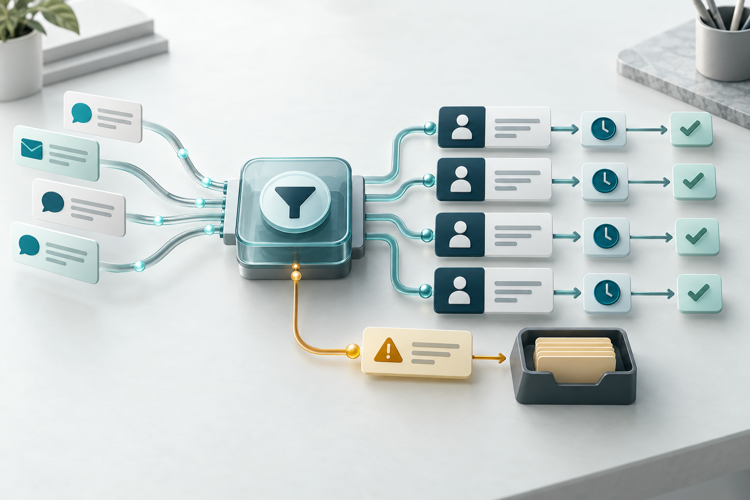 A conceptual workflow in which incoming enquiry cards are routed to owners, follow-up times, outcomes, and a separate exception tray